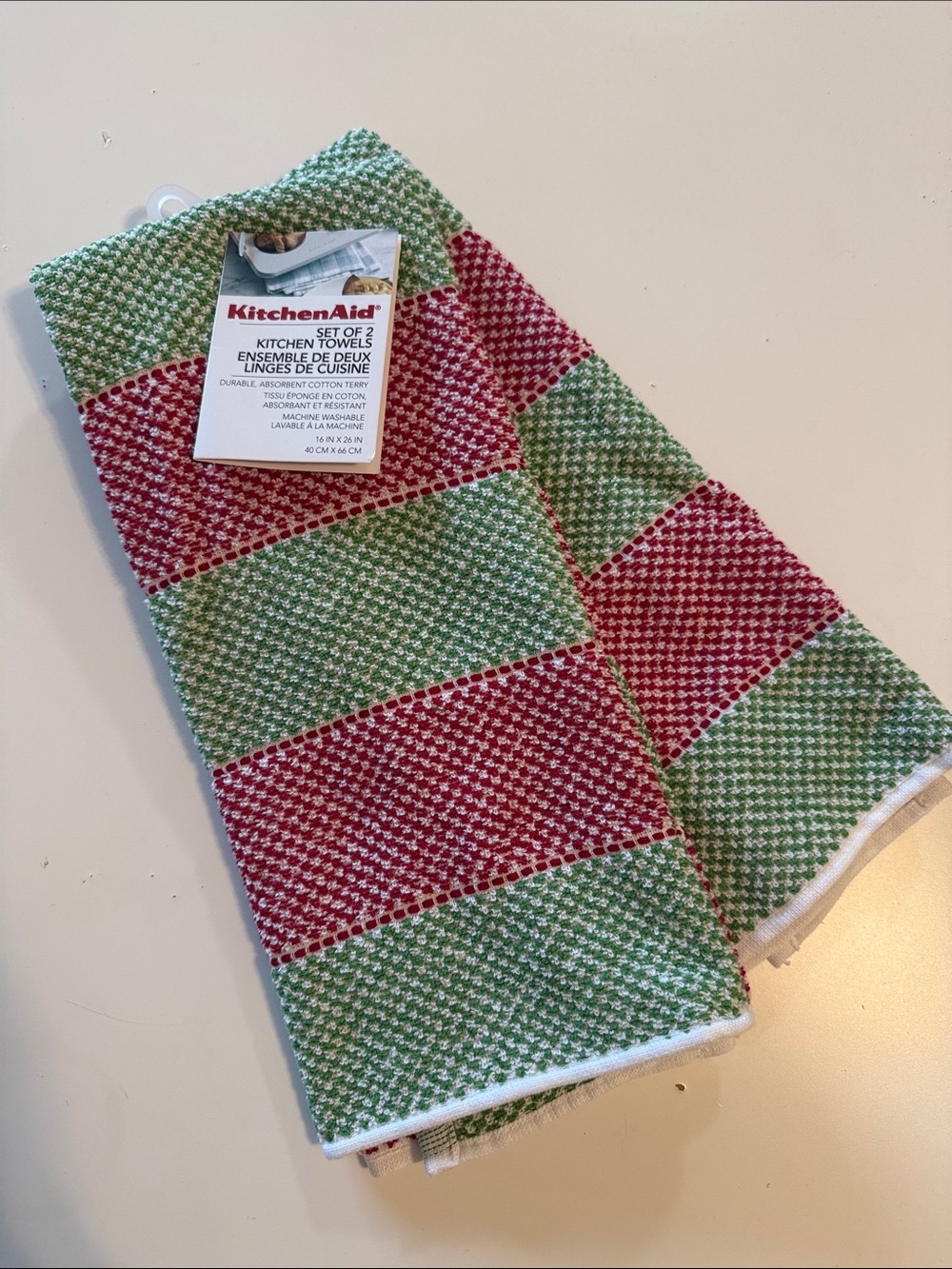 Kitchenaid set of 2 kitchen towels cotton absorbent new red green white